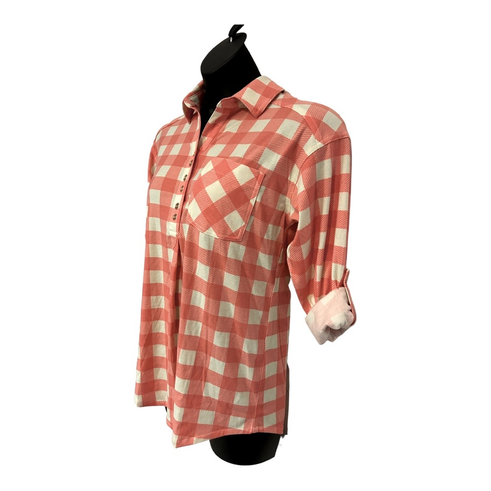 Country Door Coral Pink Collared Stretch Flannel Plaid Shirt Career Casual Tunic - Picture 7 of 11